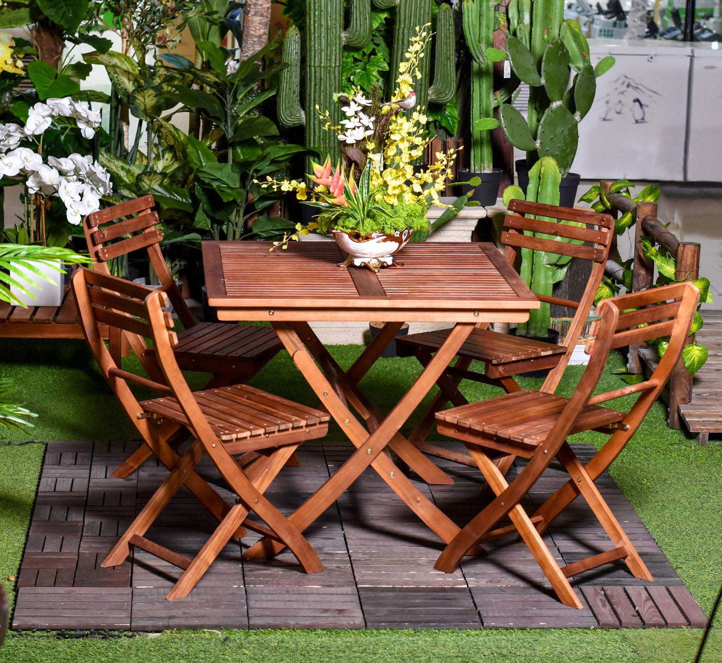 YATAI Wood Patio Dining Table, Foldable Acacia Hardwood Table and Chairs, 5 Pcs Weatherproof Coffee Table & Chairs, Outdoor Dining Table Set for Garden Furniture, Wood Furniture Use For Balcony, Pool