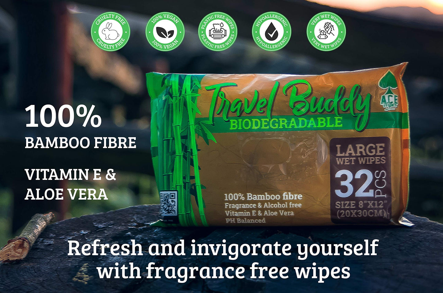 Ace Travel Buddy Large Body Wet Wipes Biodegradable - No Rinse Bath Or Shower Bamboo Wipe - Gym, Travel, Camping, Backpacking, Hiking, Pets, Festival Essentials/Accessories, 32 Wipes(8"X12"/20X30CM)