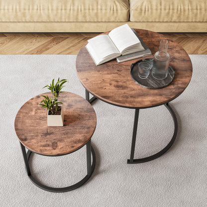 HOJINLINERO Nesting Round Coffee Table Set of 2 End Tables for Living Room,Grey Coffee Table Wooden Accent Furniture with Metal Frame,Stacking Side Tables,Black+Warm Grey