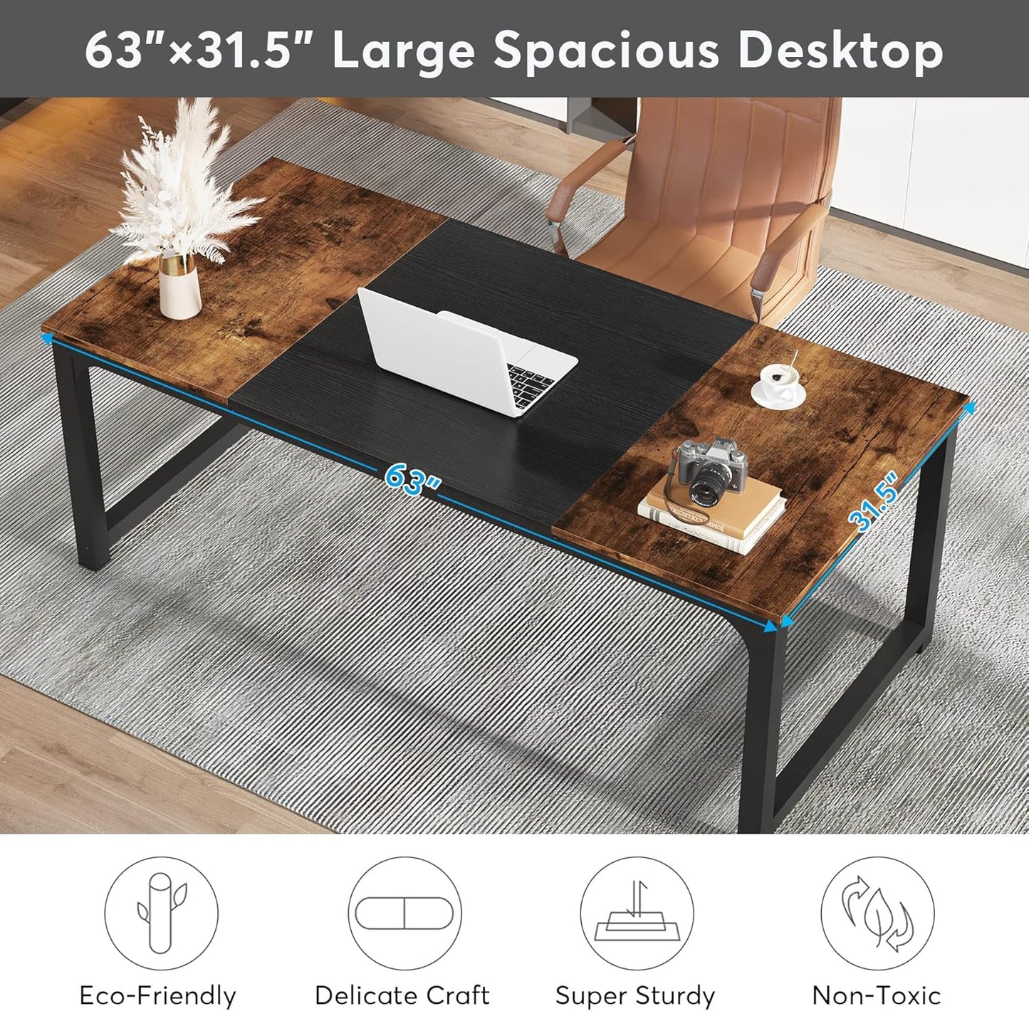 Tribesigns Computer Desk, Large Office Desk Computer Table Study Writing Desk for Home Office, Walnut + Black Leg, 63 X 23.6 inch