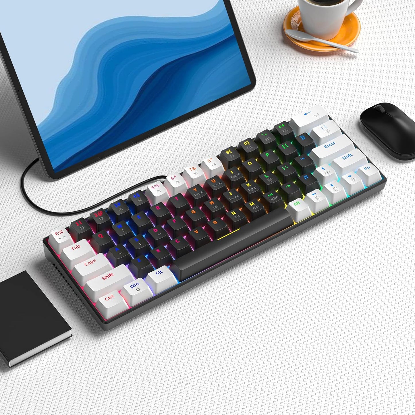 ROCK POW 60% Wired Gaming Keyboard, Small RGB Backlit Membrane Gaming Keyboard, Ultra-Compact Mini Waterproof Keyboard for PC Computer Gamer White and Black