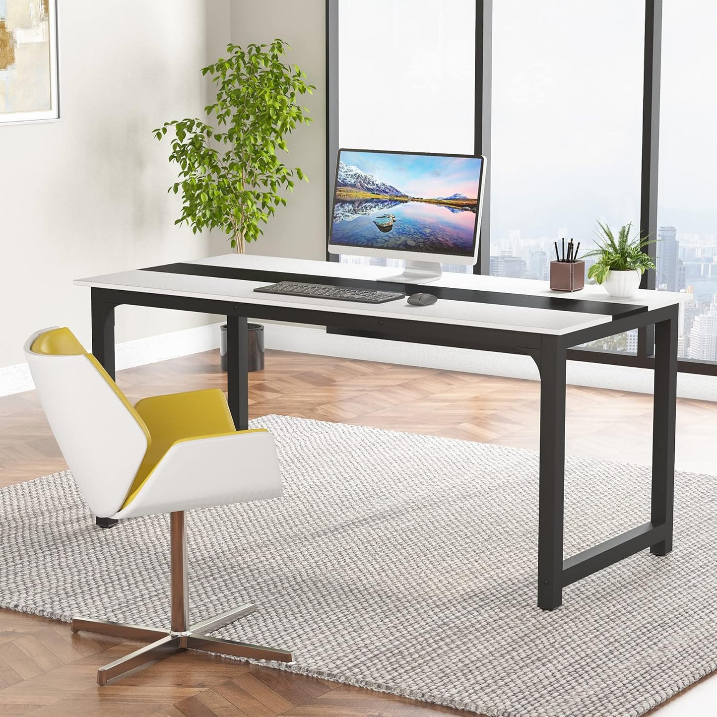 Tribesigns Computer Desk, Large Office Desk Computer Table Study Writing Desk for Home Office, Walnut + Black Leg, 63 X 23.6 inch