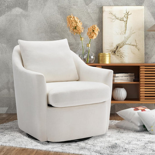 COLAMY Swivel Armchair Barrel Chair, Upholstered Round Accent Chair, 360° Swivel Single Sofa with Back Pillow for Comfort, Morden Arm Chair for Living Room/Nursery/Bedroom-Cream