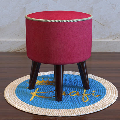 Raafi Rope Design Round Puffy Ottoman Stool for Living Room Walnut Finish (Pack of 1) (Red)