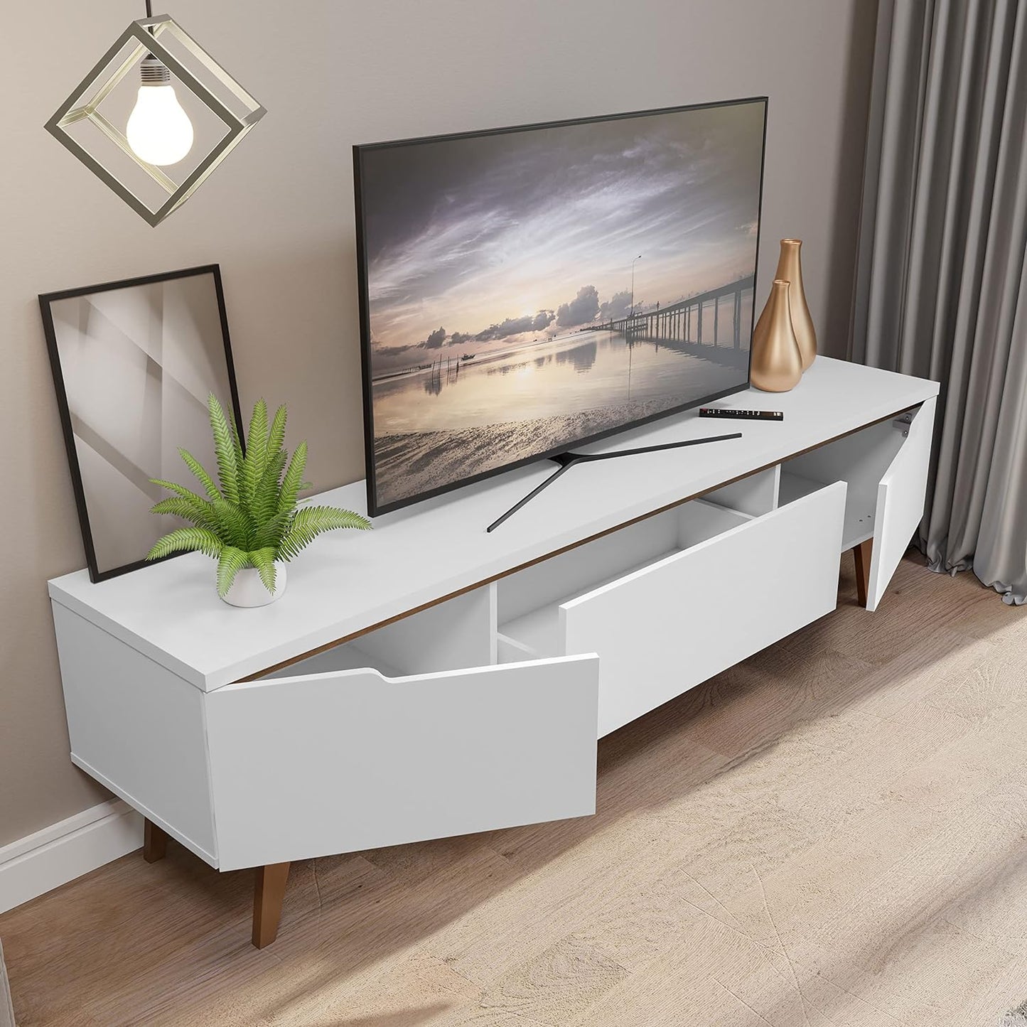 MADESA TV Stand with 2 Doors 1 Drawer, for TVs up to 75 Inches, Wood, 180 W x 40 D x 50 W Cm – White