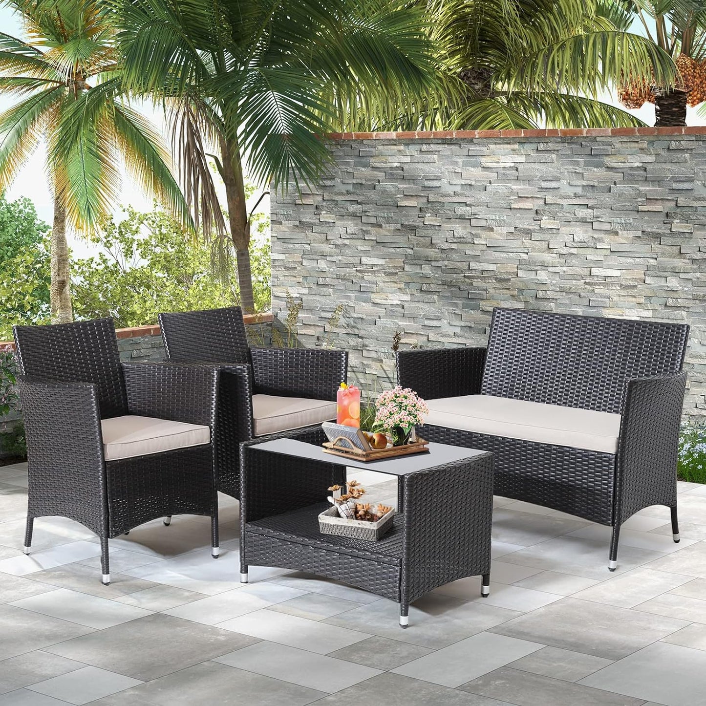 Goplus 4-Piece Rattan Patio Furniture Set Garden Lawn Pool Backyard Outdoor Sofa Wicker Conversation Set with Weather Resistant Cushions and Tempered Glass Tabletop (Mix Brown)