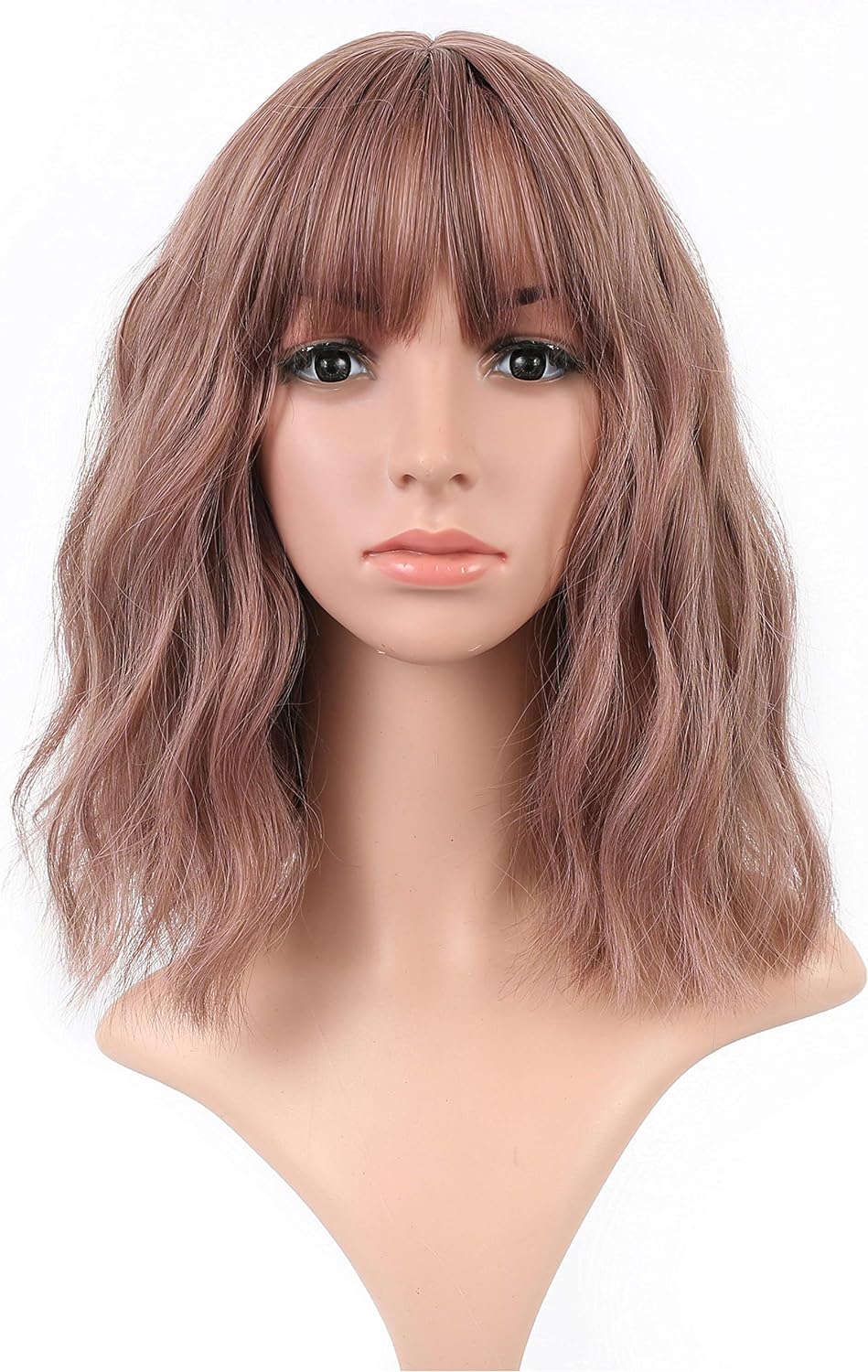 VCKOVCKO Ombre Color Natural Wavy Bob Wig With Air Bangs Short Bob Wigs Women's Shoulder Length Wigs Black to Pink Purple Curly Wavy Synthetic Cosplay for Girl Colorful Wigs(12",Black to WineRed)