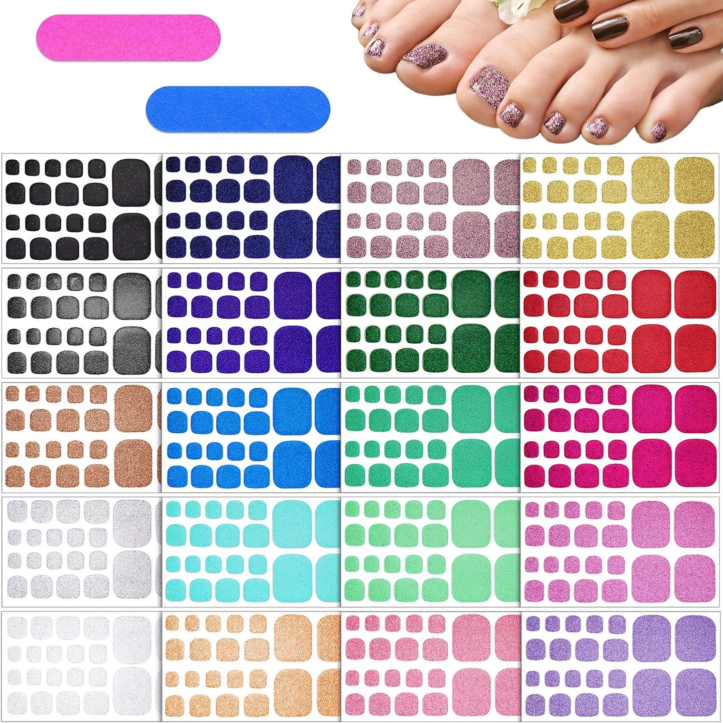 440 Pieces 20 Sheets Glitter Toenail Polish Stickers Adhesive Toe Nail Wrap Full Toe Nail Wrap Toenail Polish Strip DIY Glitter Toe Nail Manicure Decal with 2 Pieces Nail File for Girls (Vivid Color)