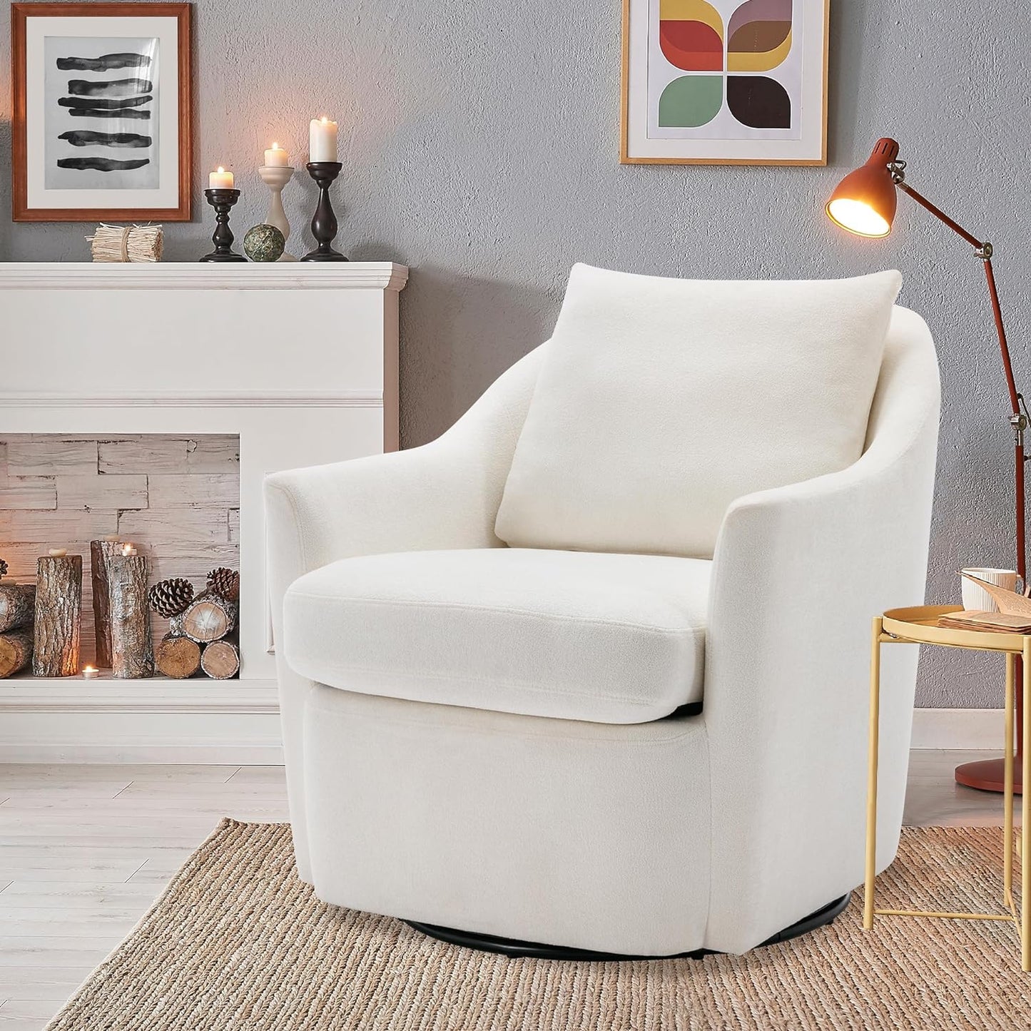 COLAMY Swivel Armchair Barrel Chair, Upholstered Round Accent Chair, 360° Swivel Single Sofa with Back Pillow for Comfort, Morden Arm Chair for Living Room/Nursery/Bedroom-Cream