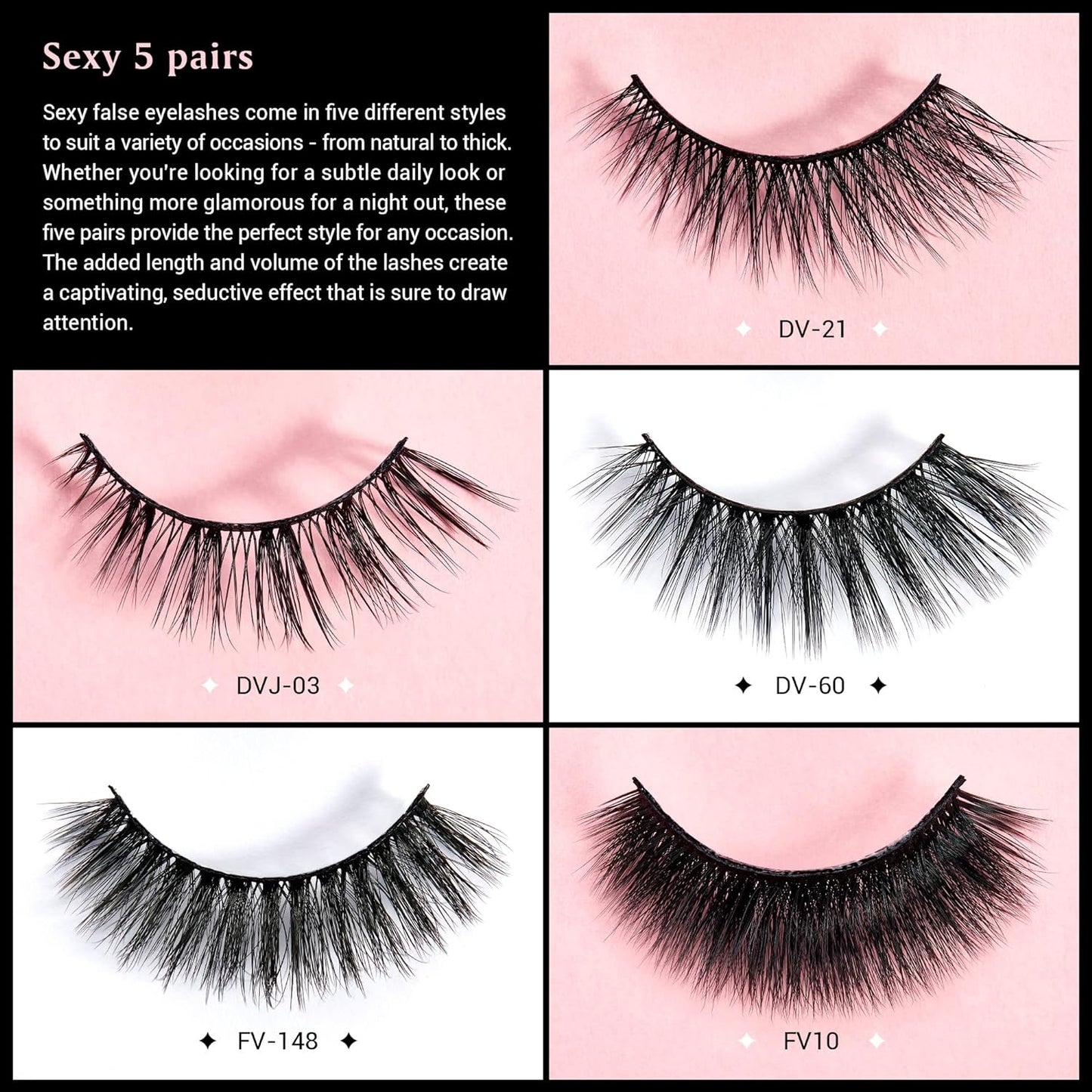 Jessup False Eyelashes Natural Look Fake Eyelashes 5 Pairs Pack Faux Mink Eyelashes 3D Wispy Fluffy Reusable Fake Lashes, FE503