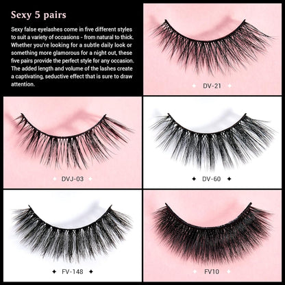 Jessup False Eyelashes Natural Look Fake Eyelashes 5 Pairs Pack Faux Mink Eyelashes 3D Wispy Fluffy Reusable Fake Lashes, FE503