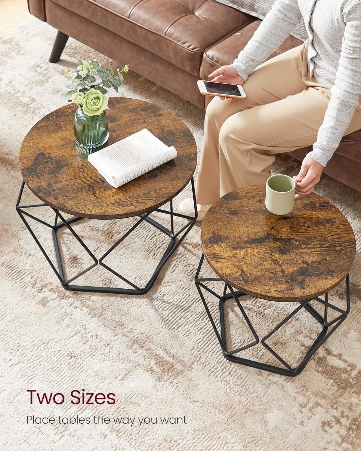 Vasagle Coffee Side Table Set Of 2, End Table With Steel Frame, For Living Room, Bedroom, Office, Rustic Brown And Black Ulet040B01