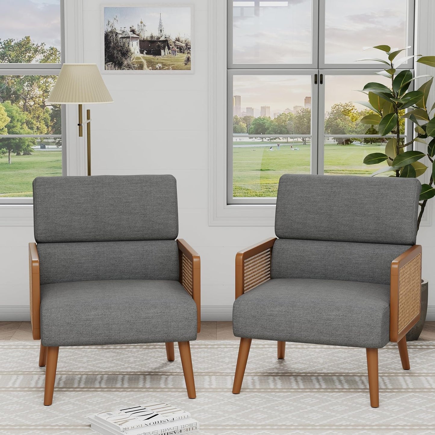 ALISH Rattan Accent Chairs,Upholstered Accent Chairs Armchair Mid Century Modern Living Room Chair with Rattan Armrest and Wooden Legs (Gray, Set of 1)