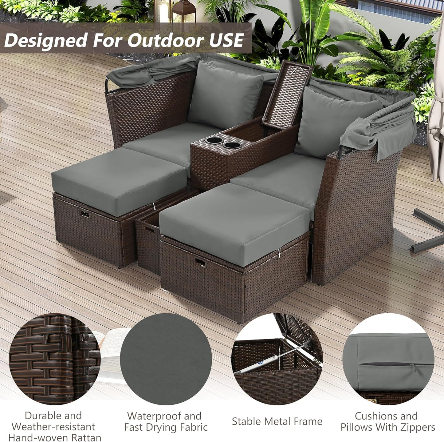 Morhome 5 Pieces Patio Furniture Sets All Weather Wicker Rattan Sectional Sofa Outdoor Conversation with Adustable Backrest, Cushions, Ottomans and Lift Top Coffee Table for Poolside, Garden, Backyard