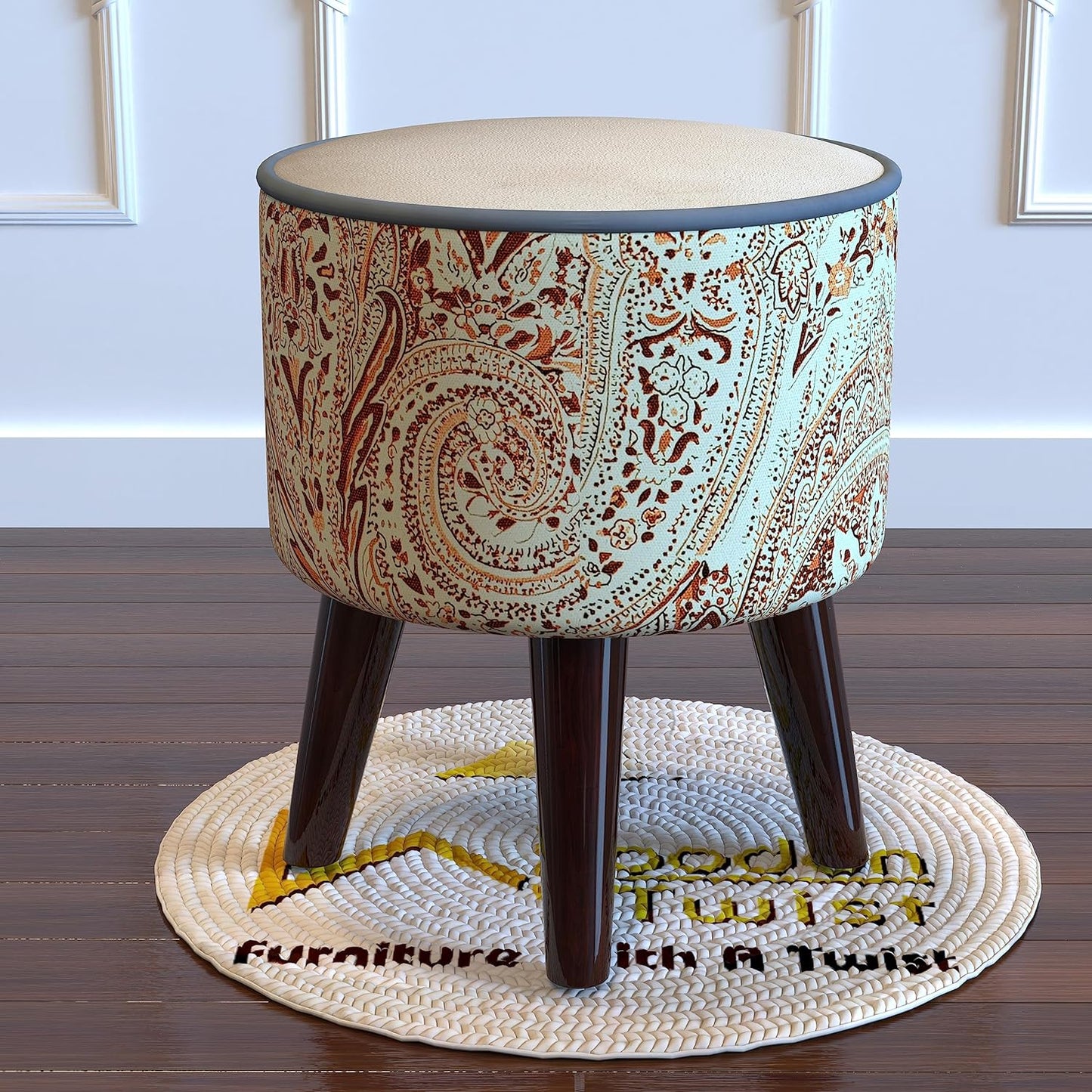 Wooden Twist Puffy Ottoman Stool for Living Room (Beige)