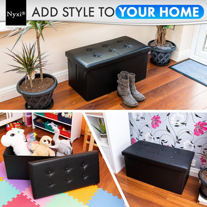 Nyxi Faux Leather 76 * 38 * 38cm Black Ottoman Foldable Storage Boxes Seat Foot Stool Storage Box with Lids for Kids Toys, Bedroom, Hallway, Living Room…