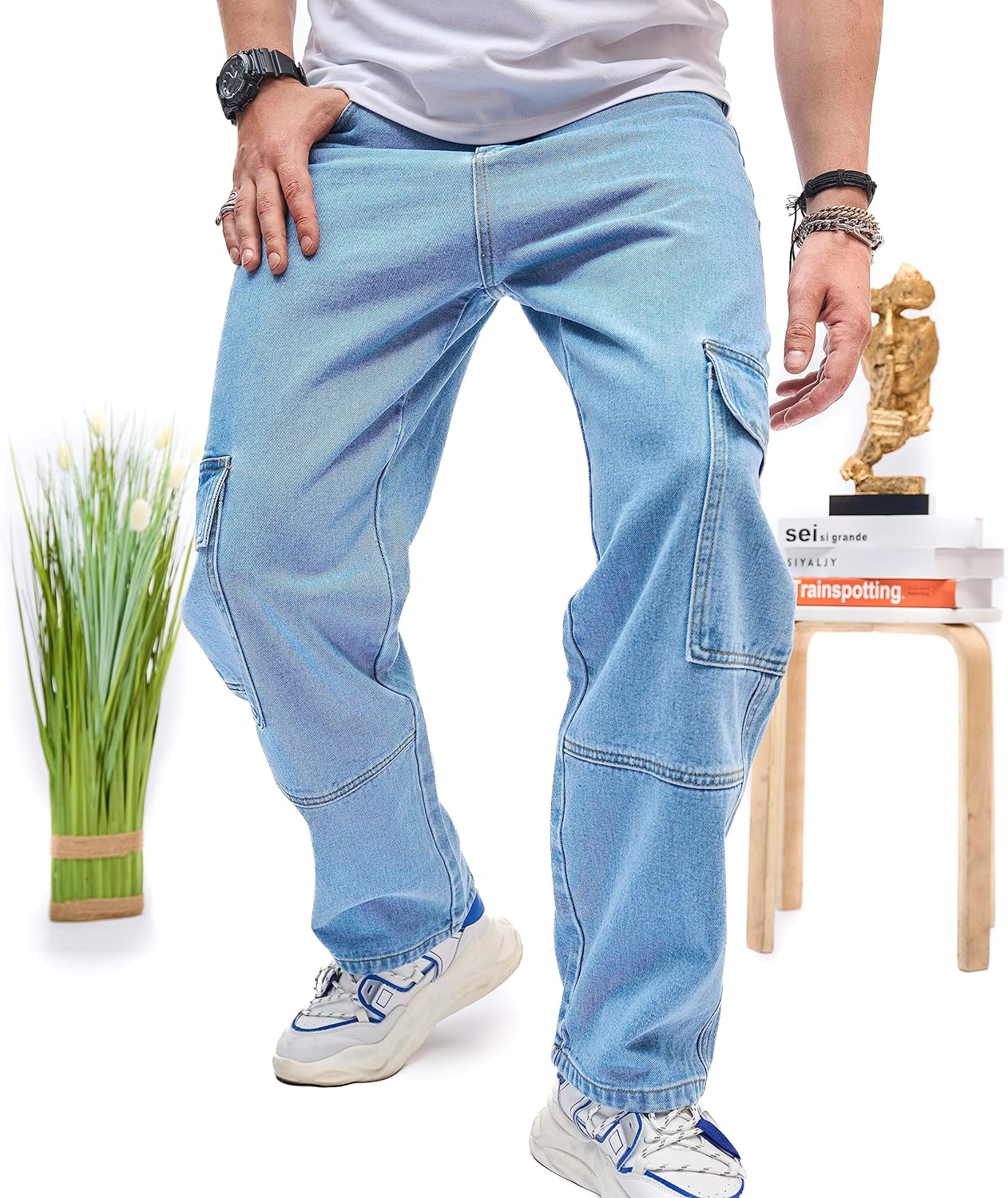 WEIBUMAOYI Men's Loose Fit Pants Relaxed-Fit Men Jeans Washed Oversize Straight Leg Carpenter Jean