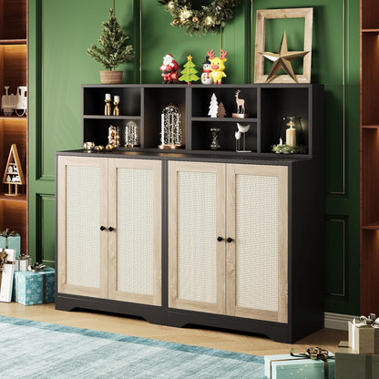 JASIWAY Sideboard - Kitchen Buffet Cabinet with Rattan Decorated Doors, Accent Sideboard Cabinet, Coffee Bar Cabinet Rattan Sideboard for Dining Room, Kitchen, Hallway, Black