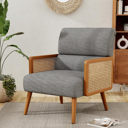 ALISH Rattan Accent Chairs,Upholstered Accent Chairs Armchair Mid Century Modern Living Room Chair with Rattan Armrest and Wooden Legs (Gray, Set of 1)