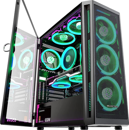 MUSETEX ATX PC Case Pre-Install 6 PWM ARGB Fans, Mid Tower Gaming Case with Opening Tempered Glass Side Panel Door, Mesh Computer Case, TW8