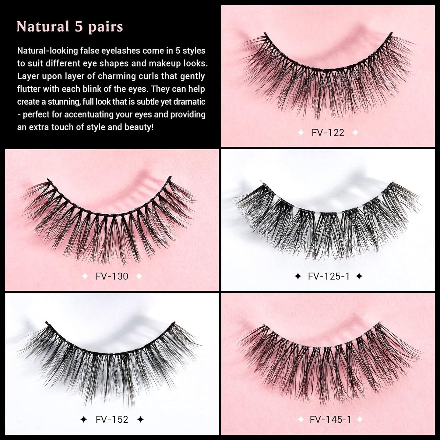 Jessup False Eyelashes Natural Look Fake Eyelashes 5 Pairs Pack Faux Mink Eyelashes 3D Wispy Fluffy Reusable Fake Lashes, FE503