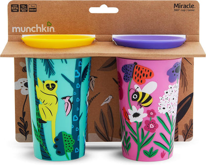 Munchkin Miracle 360° WildLove Sippy Cup, Spill proof and leak proof cup for toddler/kids boys and girls, 9oz Capacity, Lemur & Bee, 12 Months and above, Pack of 2