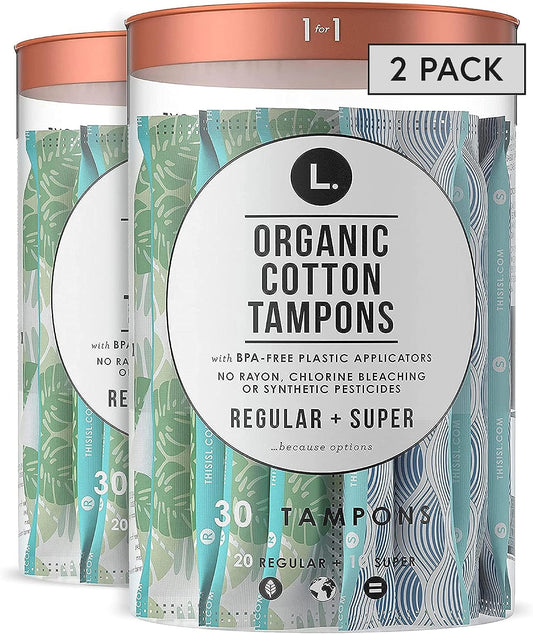 L. Organic Cotton Tampons Regular/Super Absorbency Duo Pack Free from Chlorine Bleaching Pesticides Fragrances or Dyes BPA-Free Plastic Applicator (30 Count, Pack of 2-60 Count Total), White