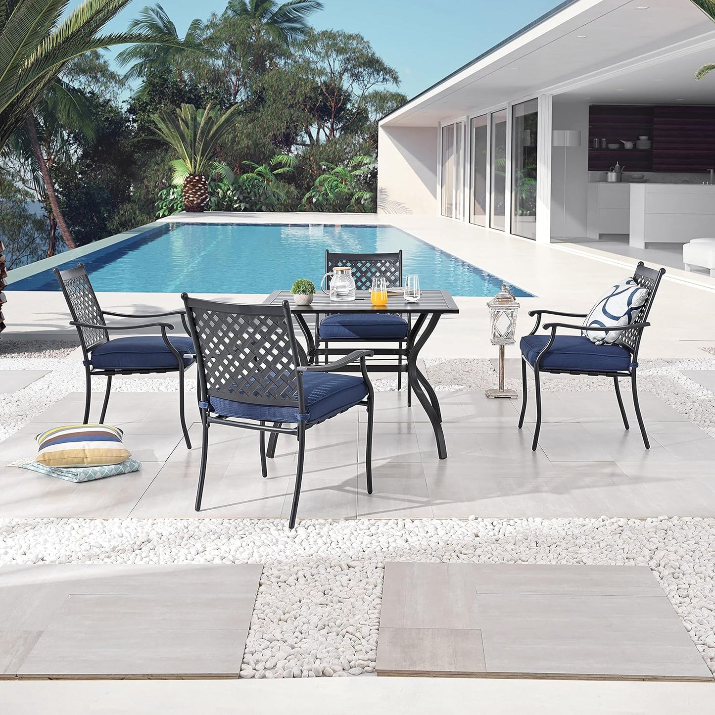 LOKATSE HOME 5 Piece Outdoor Dining Set Patio Chairs Square Table with Umbrella Hole, Beige