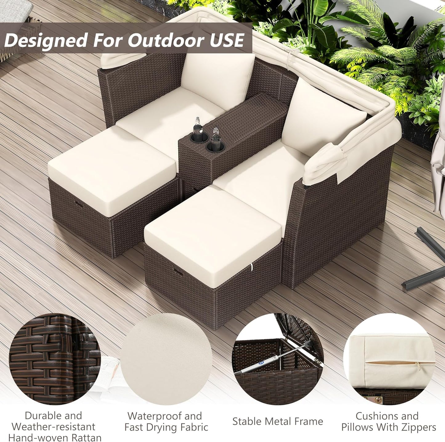 Morhome 5 Pieces Patio Furniture Sets All Weather Wicker Rattan Sectional Sofa Outdoor Conversation with Adustable Backrest, Cushions, Ottomans and Lift Top Coffee Table for Poolside, Garden, Backyard