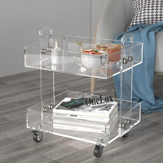 ONELUX (Flat Packed) Original Acrylic Side Table,Clear Table with Wheels,Rolling Storage cart,Acrylic Bedside Tables/Night Stand - 41×34×48H cm