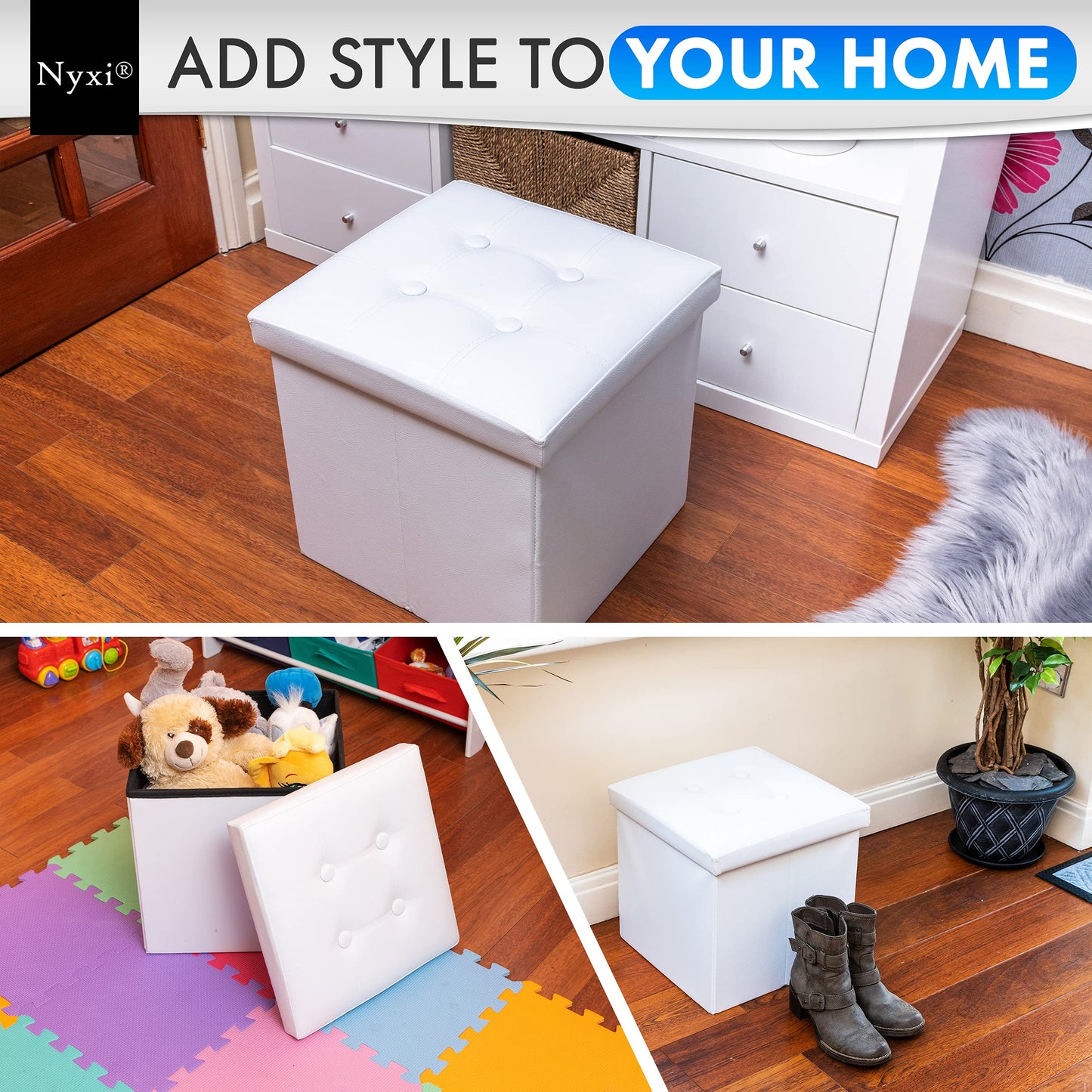 Nyxi Faux Leather 110 * 38 * 38cm White Ottoman Foldable Storage Boxes Seat Foot Stool Storage Box with Lids for Kids Toys, Bedroom, Hallway, Living Room…