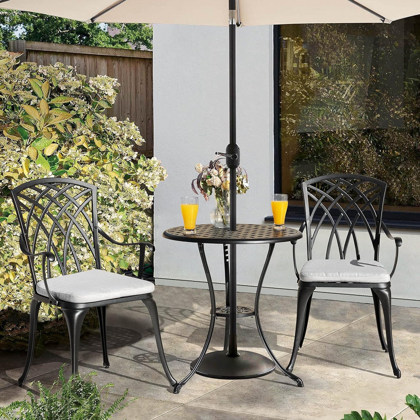 NUU GARDEN 3 Piece Bistro Table Set Cast Aluminum Outdoor Patio Furniture with Umbrella Hole and Grey Cushions for Patio Balcony, Black