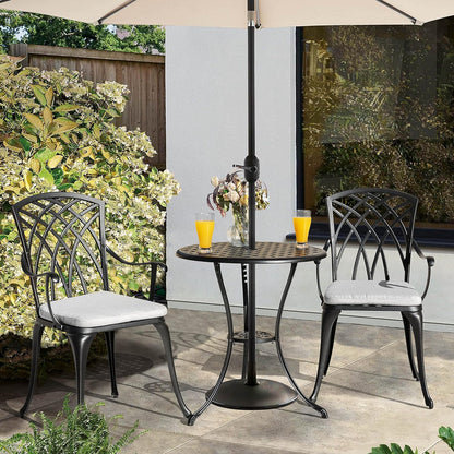 NUU GARDEN 3 Piece Bistro Table Set Cast Aluminum Outdoor Patio Furniture with Umbrella Hole and Grey Cushions for Patio Balcony, Black