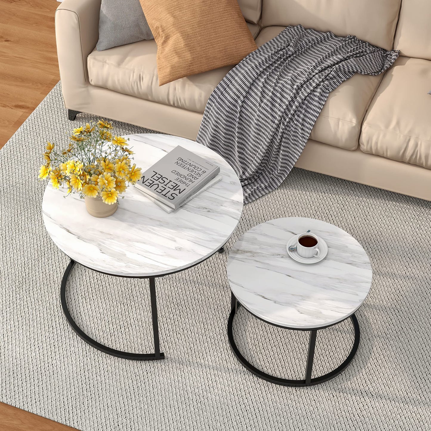 HOJINLINERO Nesting Round Coffee Table Set of 2 End Tables for Living Room,Grey Coffee Table Wooden Accent Furniture with Metal Frame,Stacking Side Tables,Black+Warm Grey