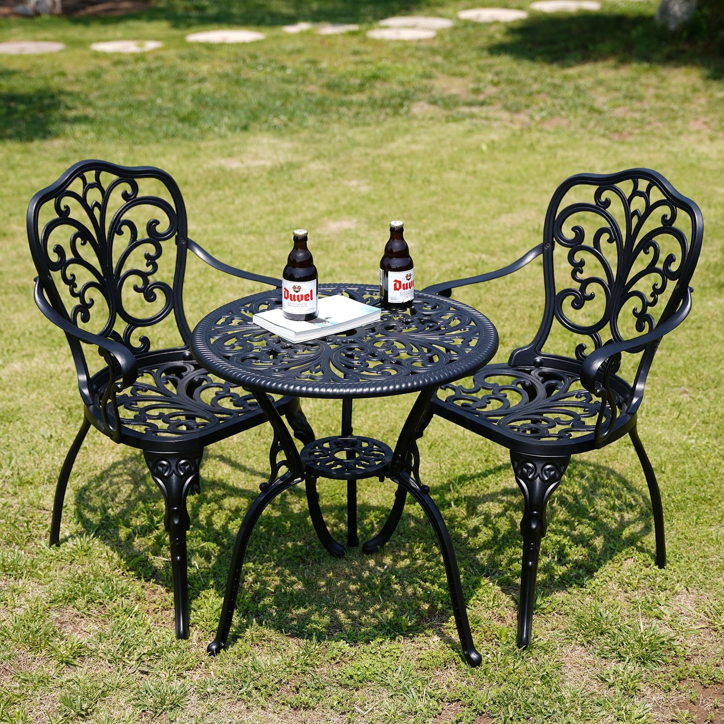 Withniture Bistro Table and Chairs Set of 2 Outdoor 3 Piece Bistro Sets Cast Aluminum Patio Bistro Set with Umbrella Hole, Patio Set for Garden, Black