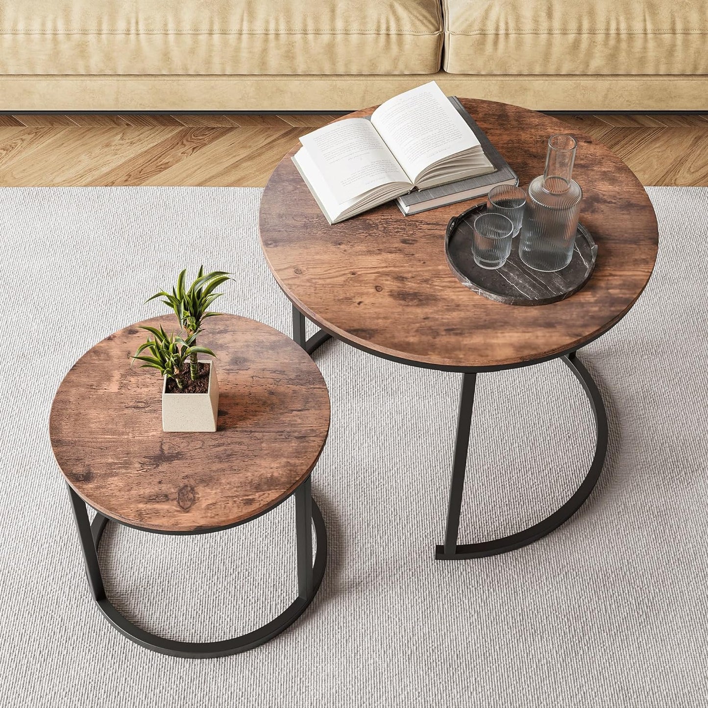 HOJINLINERO Nesting Round Coffee Table Set of 2 End Tables for Living Room,Grey Coffee Table Wooden Accent Furniture with Metal Frame,Stacking Side Tables,Black+Warm Grey