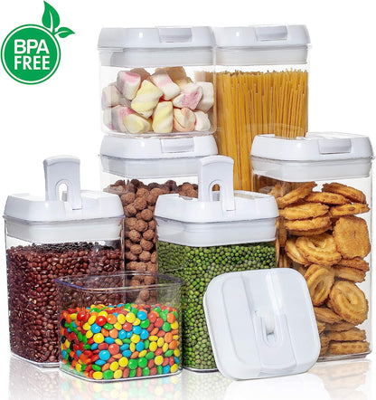 Vtopamrt Airtight Food Storage Containers Set with Lock Lids-Set of 7,Kitchen & Pantry Organization Plastic Storage Jar for Cereal, Flour Labels & Marker,BPA Free & Stackable Design