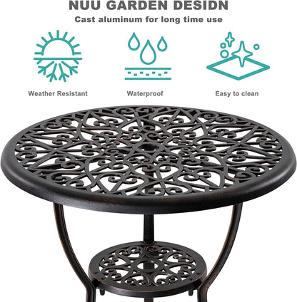 Nuu Garden Bistro Set 3 Piece Outdoor, Cast Aluminum Patio Bistro Sets with Umbrella Hole, Bistro Table and Chairs Set of 2 for Patio Backyard