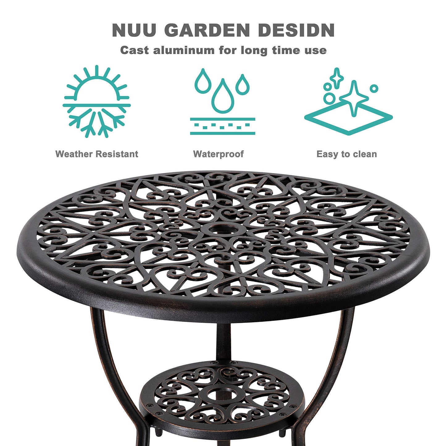 NUU GARDEN Bistro Set 3 Piece Outdoor All Weather Cast Aluminum Patio Bistro Set Patio Table and Chairs Set of 2 with Umbrella Hole and Grey Cushions for Backyard, Balcony, Lawn, Black