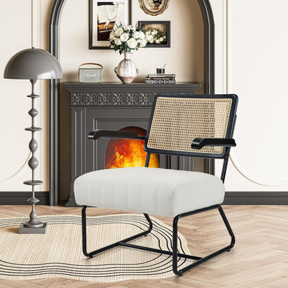 Fahomiss Accent Chairs - Living Room Chairs Mid-Century Modern Style Breathable Mesh Rattan Backrest Velvet Seat Oversized Bedrooms Reading Office White Black (White-Brown, x1)