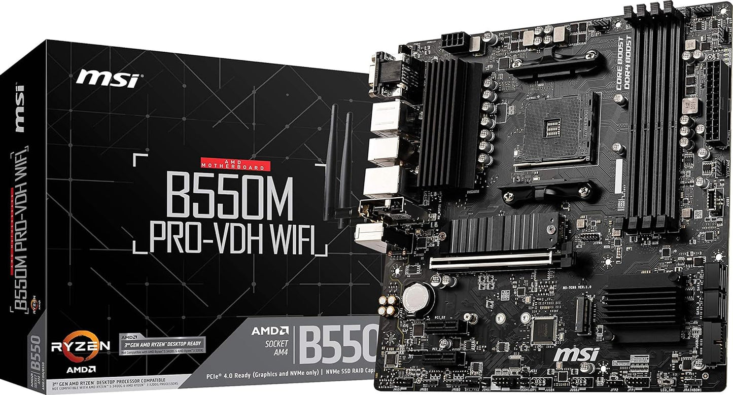 MSI B550M PRO-VDH WiFi ProSeries Motherboard (AMD AM4, DDR4, PCIe 4.0, SATA 6Gb/s, M.2, USB 3.2 Gen 1, Wi-Fi, D-SUB/HDMI/DP, Micro-ATX)