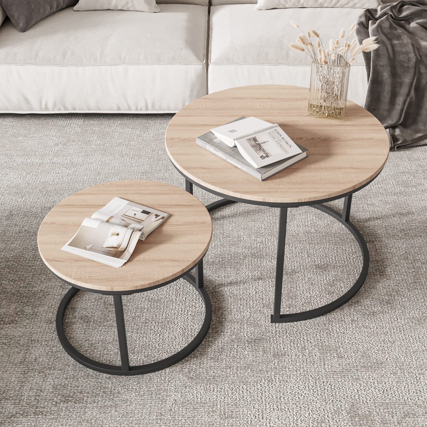 FOUBAM Round Coffee Tables for Living Room Furniture Wood Nesting Coffee Table Set of 2 Stacking Side Tea Table for Small Spaces Balcony Office, Stable Metal Frame,Easy Assembly(Black+Natural Oak)