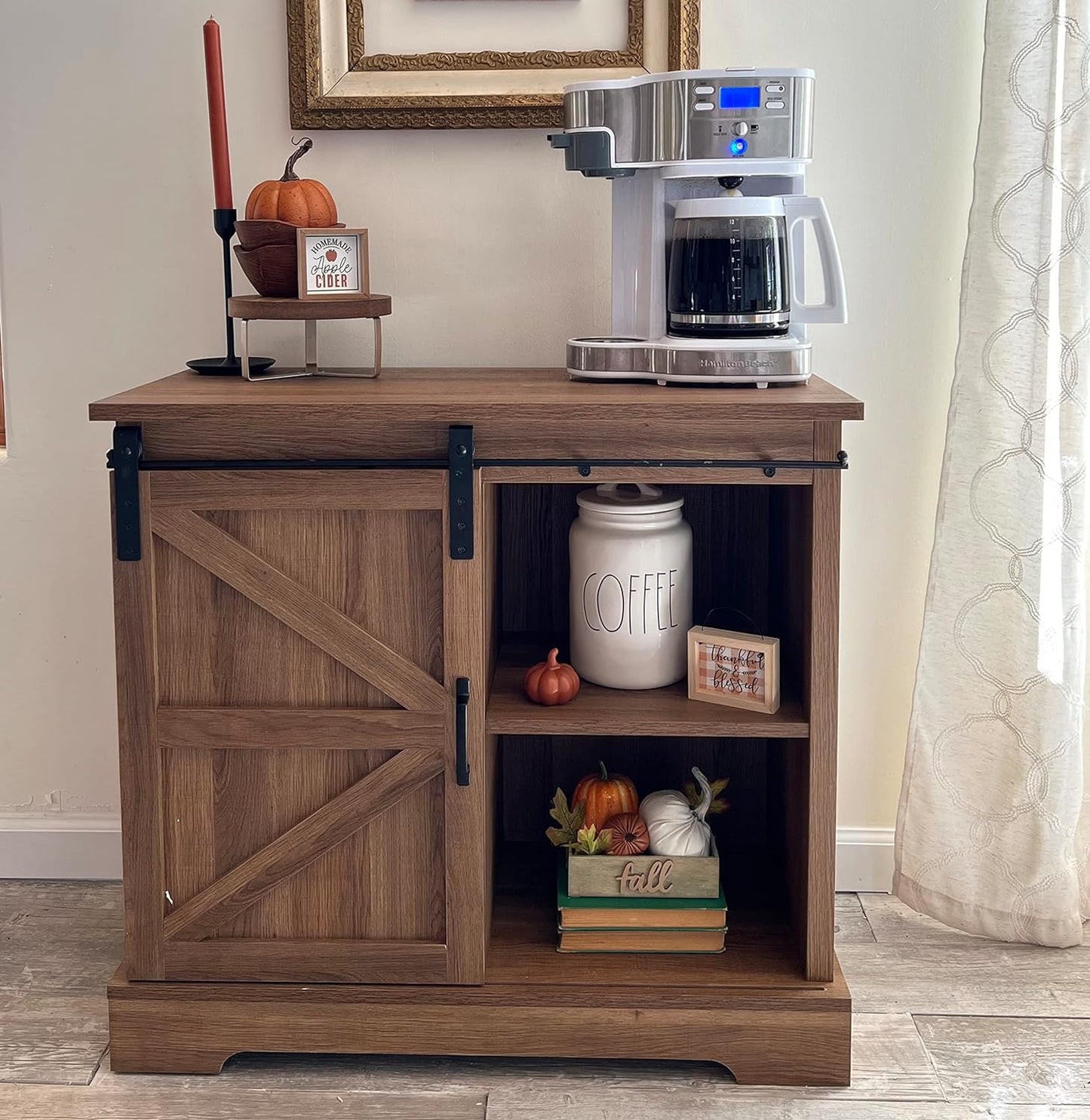 PHI VILLA Farmhouse Coffee Bar Cabinet - Sliding Barn Door Kitchen Sideboard Buffet Cabinet with Storage