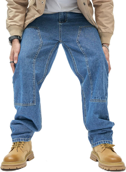 WEIBUMAOYI Men's Loose Fit Pants Relaxed-Fit Men Jeans Washed Oversize Straight Leg Carpenter Jean