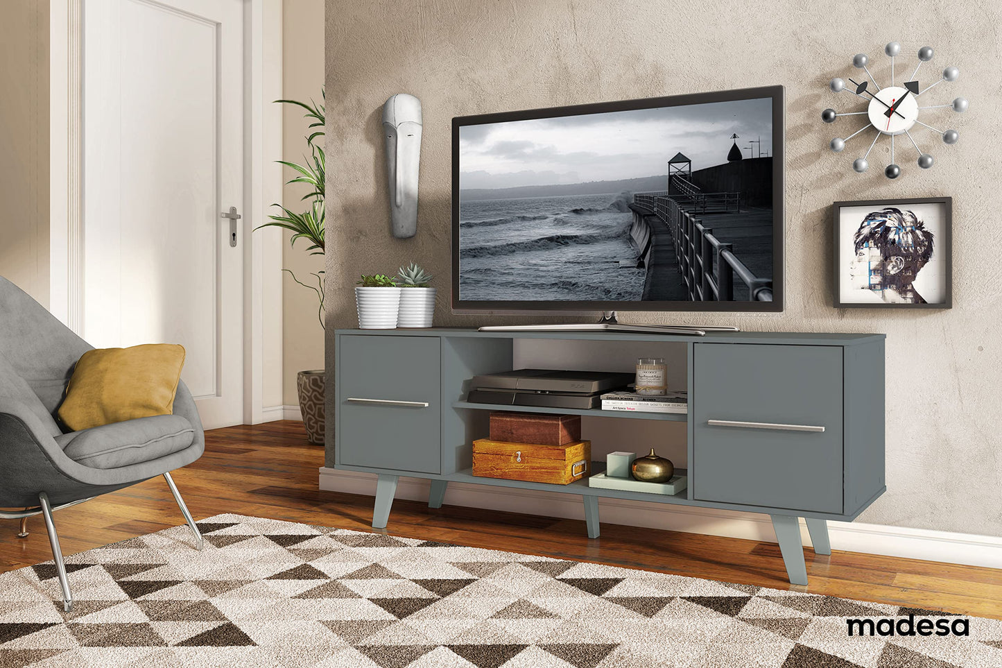 MADESA TV Stand with Storage Space and Cable Management, for TVs up to 55 Inches, Wood, 136 W x 54 H x 39 D Centimeters - Grey