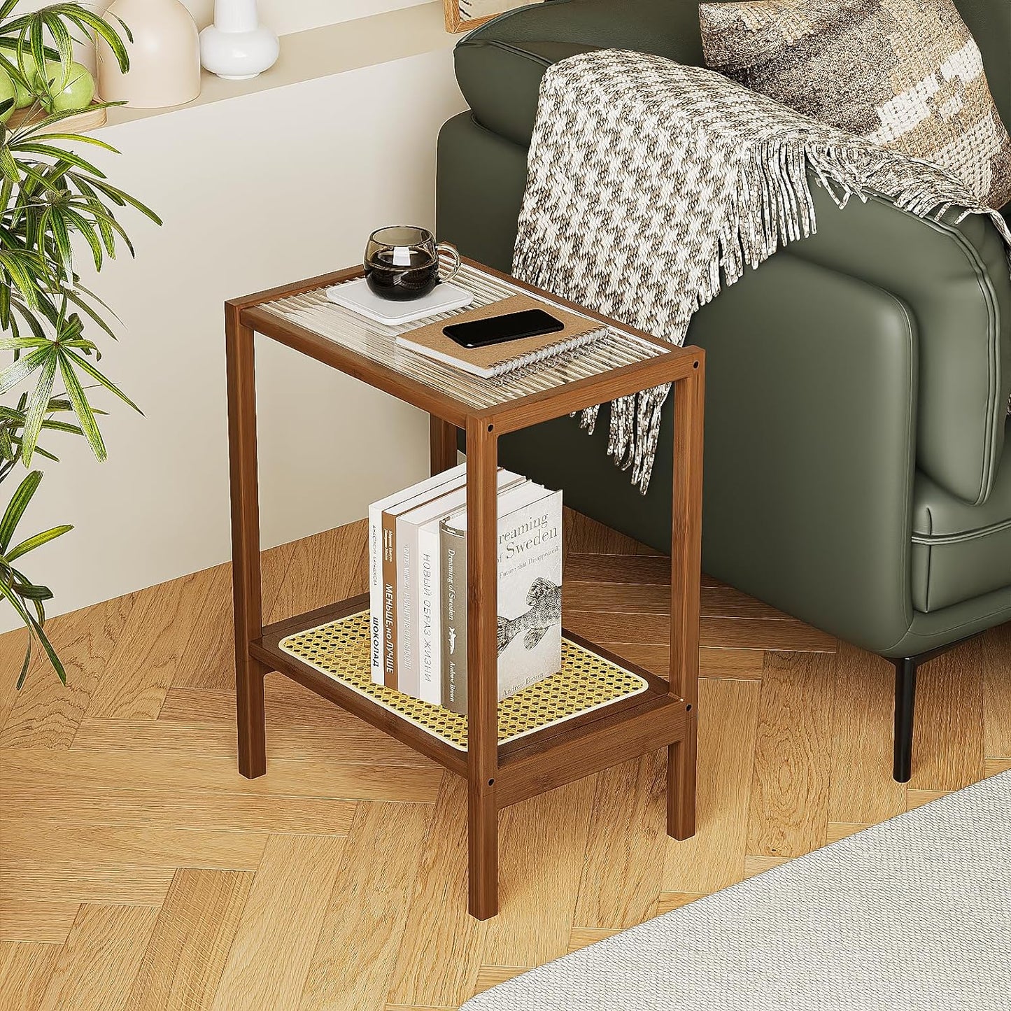 Bamworld Rattan Side Table Boho NightStand Mid Century Modern End Table Glass Bedside Table Small End Tables Bamboo Coffee Table with Storage for Living Room Bedroom, Bamboo Brown (A1)