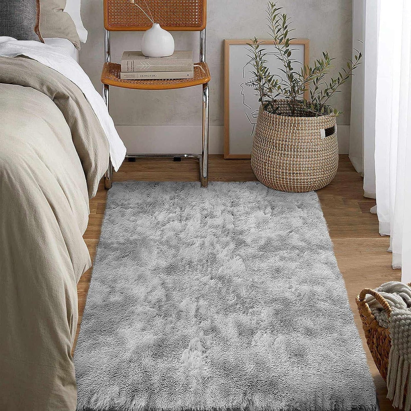 Leesentec Area Rugs Soft Fluffy Carpets For Living room Shaggy Rug Modern Area Rug For Bedroom Anti-Slip Rugs For Kids Room Indoor Home Decorative Carpet (Black Grey, 185 x 185 cm)