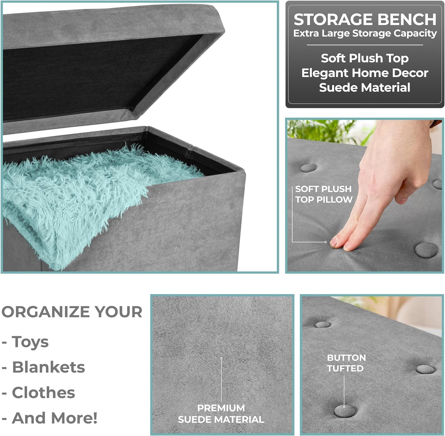 Sorbus Storage Ottoman Bench - Collapsible/Folding Bench Chest with Cover - Perfect Toy and Shoe Chest, Hope Chest, Pouffe Ottoman, Seat, Foot Rest, - Contemporary Faux Suede (Large-Bench, Teal)