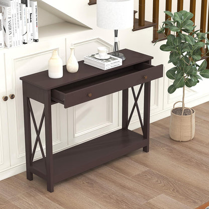 Treocho Oxford Design Console Table with 1 Drawer, Foyer Sofa Table Narrow for Entryway, Black