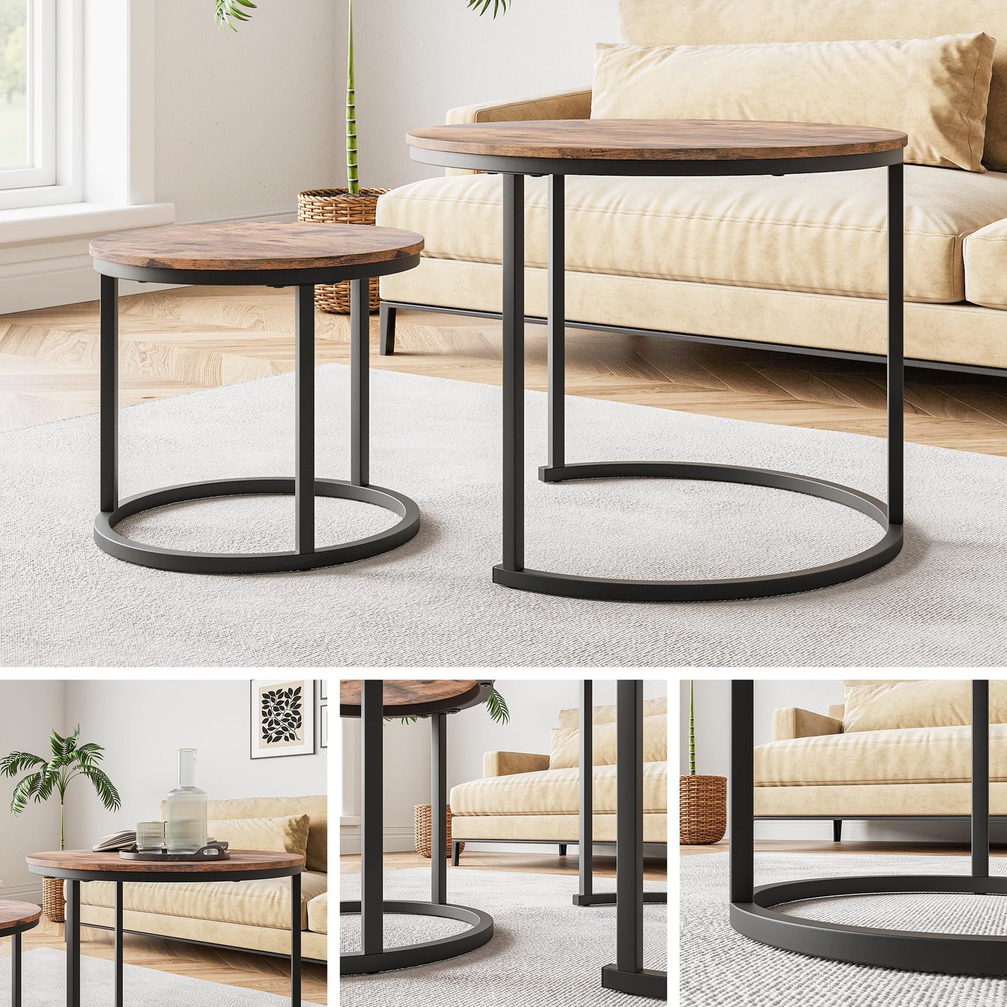 HOJINLINERO Nesting Round Coffee Table Set of 2 End Tables for Living Room,Grey Coffee Table Wooden Accent Furniture with Metal Frame,Stacking Side Tables,Black+Warm Grey